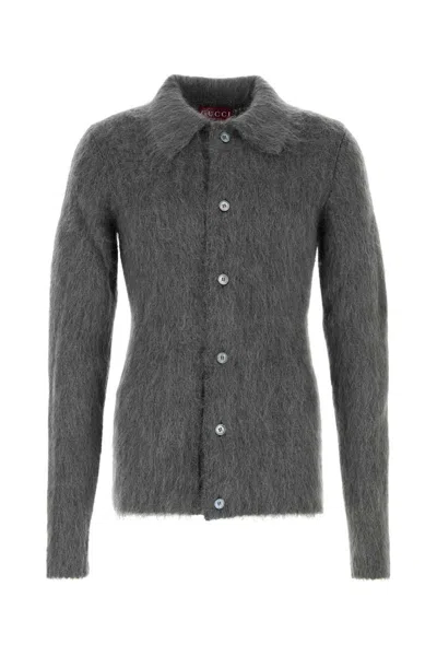 Gucci Men Grey Cardigan With Classic Collar And Brushed Effect In Mohair Blend Woman In Gray