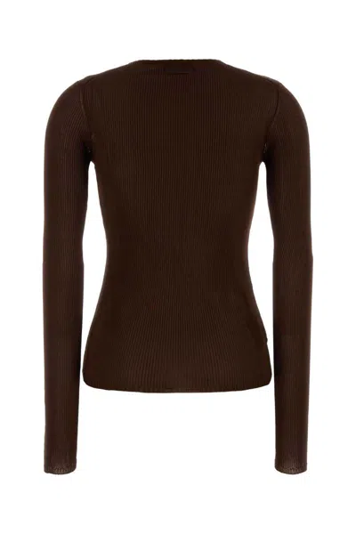 Miu Miu Silk Long Sleeve T-shirt With Ribbed Texture In Brown