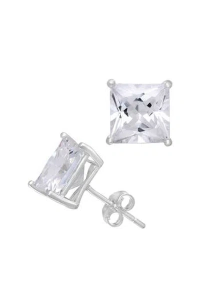 Fzn 14k White Gold Cubic Zirconia Square Stud Earrings In White