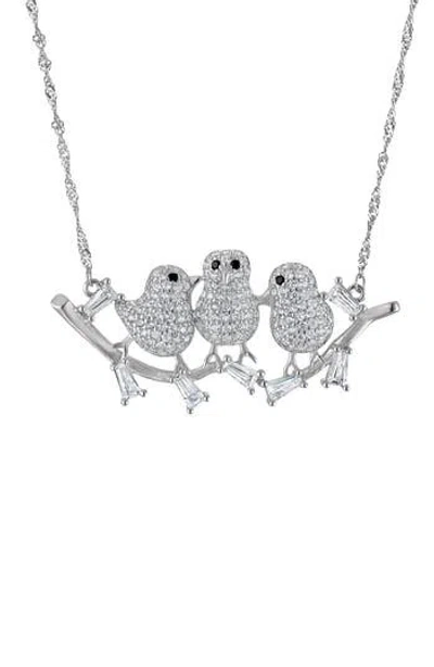 Fzn Sterling Silver Cubic Zirconia Bird Trio Pendant Necklace In Silver