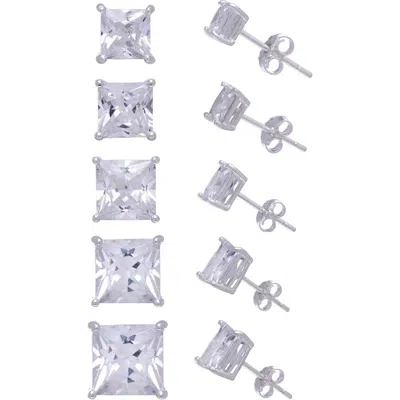 Fzn Set Of 5 Solitaire Princess Cubic Zirconia Stud Earrings In White