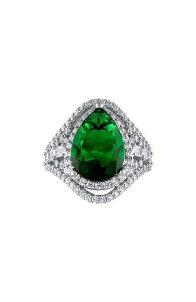 Fzn Teardrop Emerald & Cubic Zirconia Ring In Silver