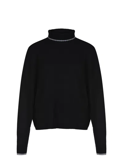 Pinko Cropped Black Sweater With Turtleneck And Contrast Trim In Black
