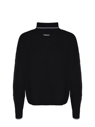 Pinko Cropped Black Sweater With Turtleneck And Contrast Trim In Black