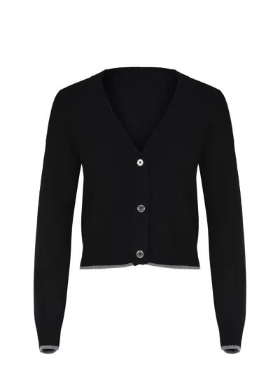 Pinko Cropped Button-down Sweater With Deep V-neckline In Black