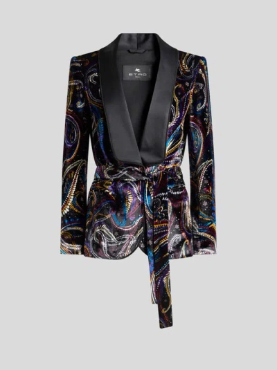 Etro Paisley Foliage Motif Belted Velvet Blazer In Black