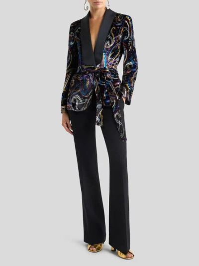 Etro Paisley Foliage Motif Belted Velvet Blazer In Black