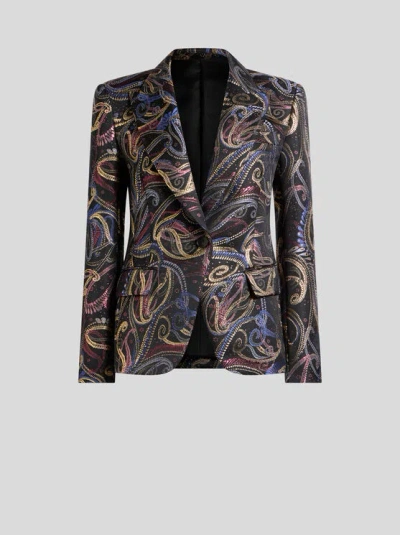 Etro , Single-breasted Jacket In Duchesse Jacquard With Paisley Foliage Motif, Woman, Black, Size 48 In Black