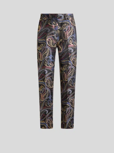Etro Pressed Crease Paisley-motif Trousers In Black