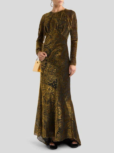 Etro Floral Paisley Motif Long Burnout Velvet Dress In Green