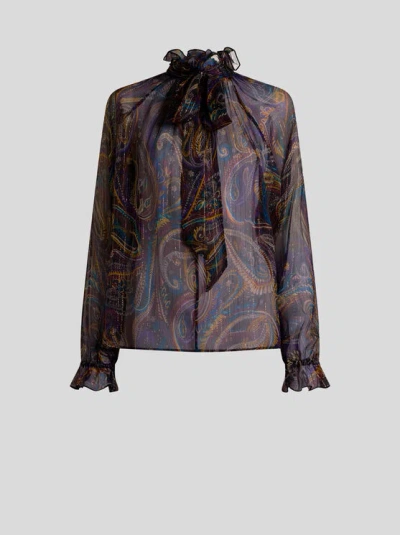 Etro , Silk Blouse With Paisley Foliage Motif, Woman, Black, Size 48 In Multi