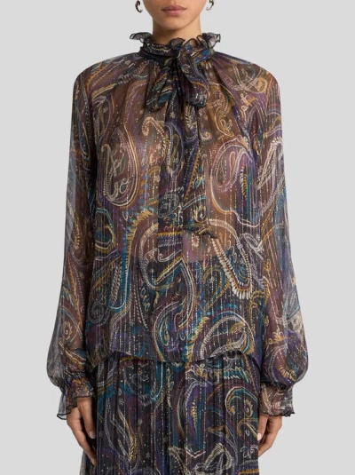 Etro , Silk Blouse With Paisley Foliage Motif, Woman, Black, Size 48 In Multi