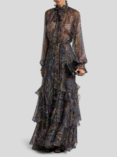 Etro , Silk Blouse With Paisley Foliage Motif, Woman, Black, Size 48 In Multi