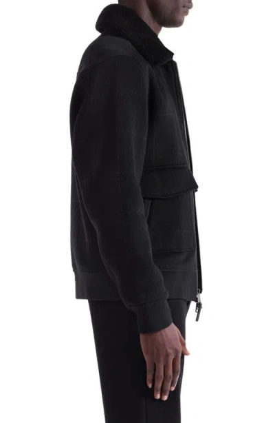 Bugatchi Wool Blend Bomber Jacket With Detachable Genuine Shearling Collar In Black