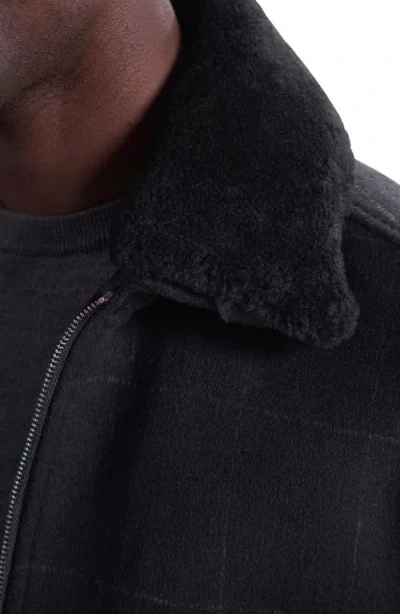 Bugatchi Wool Blend Bomber Jacket With Detachable Genuine Shearling Collar In Black
