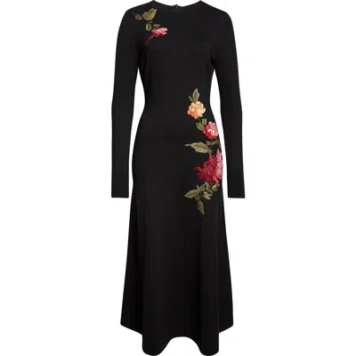 Carolina Herrera Chrysanthemum Embroidered Long Sleeve Jersey Midi Dress In Black