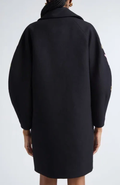 Carolina Herrera Chrysanthemum Embroidered Double Face Virgin Wool Cocoon Coat In Black