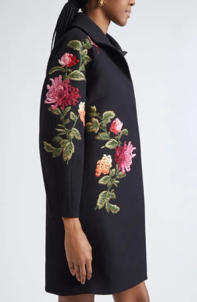 Carolina Herrera Chrysanthemum Embroidered Double Face Virgin Wool Cocoon Coat In Black