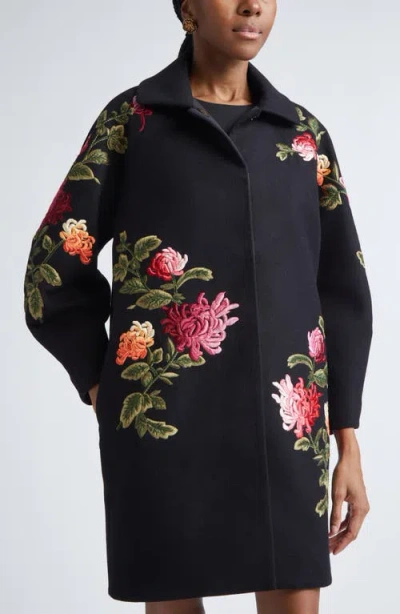 Carolina Herrera Chrysanthemum Embroidered Double Face Virgin Wool Cocoon Coat In Black