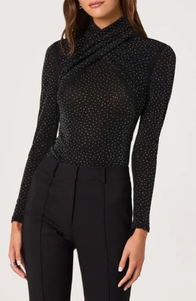 Astr The Label Embellished Shimmer Crossover Mock Neck Top In Black