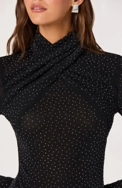 Astr The Label Embellished Shimmer Crossover Mock Neck Top In Black