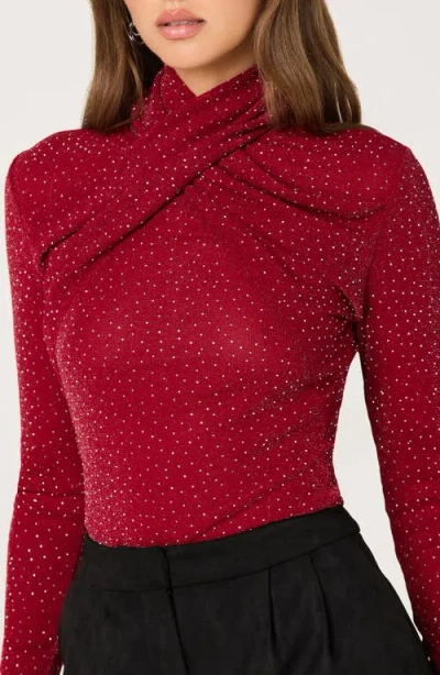 Astr The Label Embellished Shimmer Crossover Mock Neck Top In Burgundy
