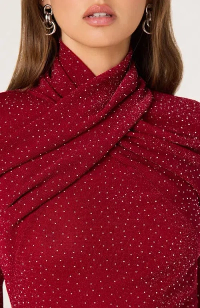 Astr The Label Embellished Shimmer Crossover Mock Neck Top In Burgundy