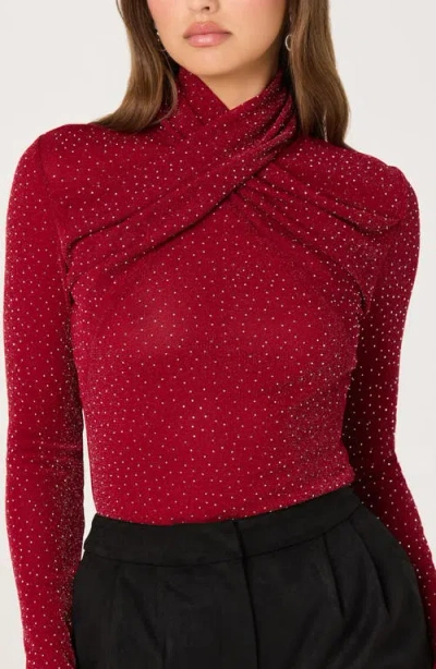 Astr The Label Embellished Shimmer Crossover Mock Neck Top In Burgundy