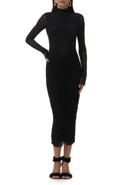 Afrm Cruz Rhinestone Long Sleeve Mesh Midi Dress In Black