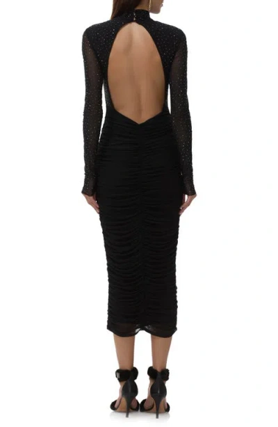 Afrm Cruz Rhinestone Long Sleeve Mesh Midi Dress In Black