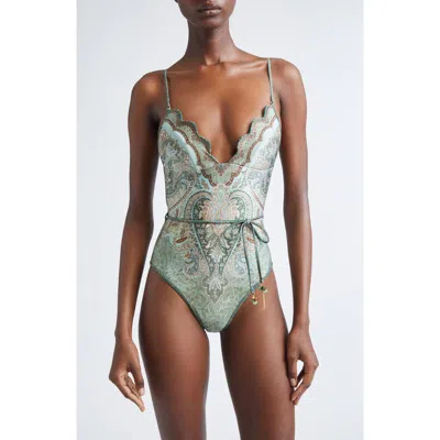 Zimmermann Wanderlust Belted Embellished Scalloped Printed Swimsuit In Green
