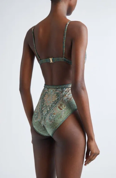Zimmermann Wanderlust Belted Embellished Scalloped Printed Swimsuit In Green