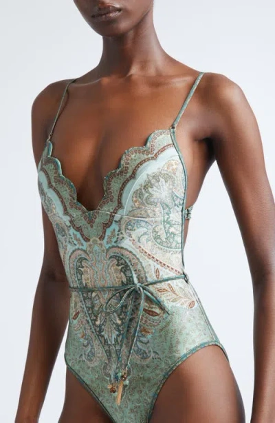 Zimmermann Wanderlust Belted Embellished Scalloped Printed Swimsuit In Green