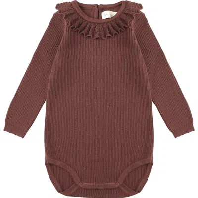 Rylee + Cru Ruffle Collar Rib Bodysuit In Burgundy