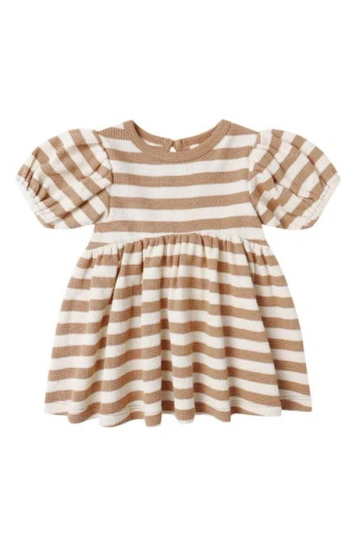 Quincy Mae Darla Havest Stripe Puff Sleeve Organic Cotton Dress With Bloomers In Brown