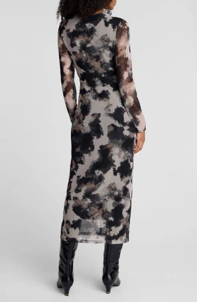 Kenneth Cole Printed Mesh Knot Front Long Sleeve Midi Dress In Multi