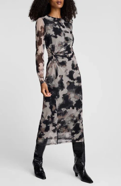 Kenneth Cole Printed Mesh Knot Front Long Sleeve Midi Dress In Multi