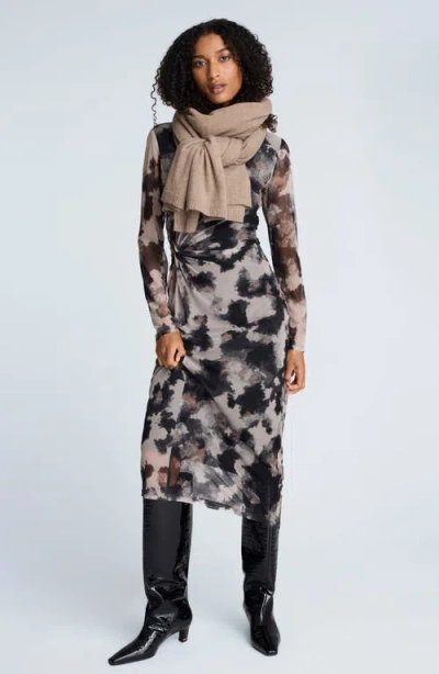 Kenneth Cole Printed Mesh Knot Front Long Sleeve Midi Dress In Multi