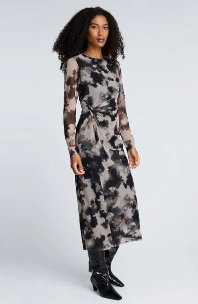 Kenneth Cole Printed Mesh Knot Front Long Sleeve Midi Dress In Multi