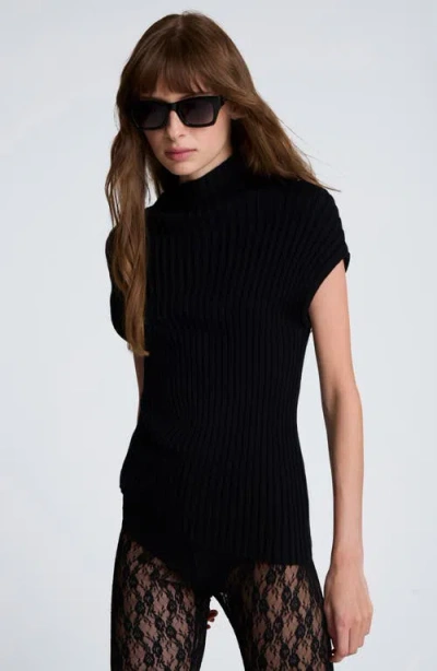 Kenneth Cole Asymmetrical Ribbed Mock Neck Sweater In Black