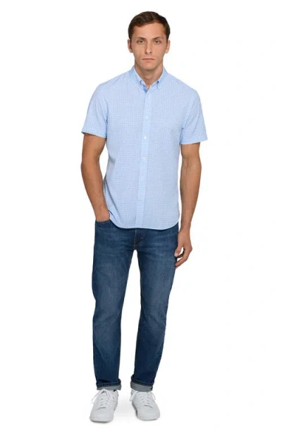 Construct Round Checkered Woven Short Sleeve Basic In Blue
