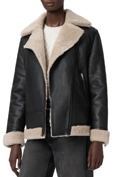 Allsaints Sola Oversize Genuine Shearling Biker Jacket In Black