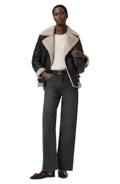 Allsaints Sola Oversize Genuine Shearling Biker Jacket In Black