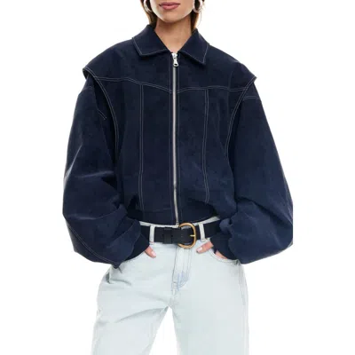 Lioness Vista Faux Suede Bomber Jacket In Blue