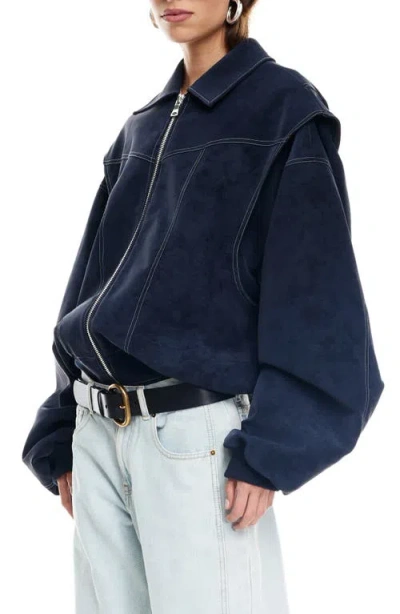 Lioness Vista Faux Suede Bomber Jacket In Blue