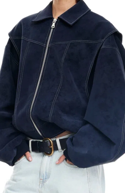 Lioness Vista Faux Suede Bomber Jacket In Blue