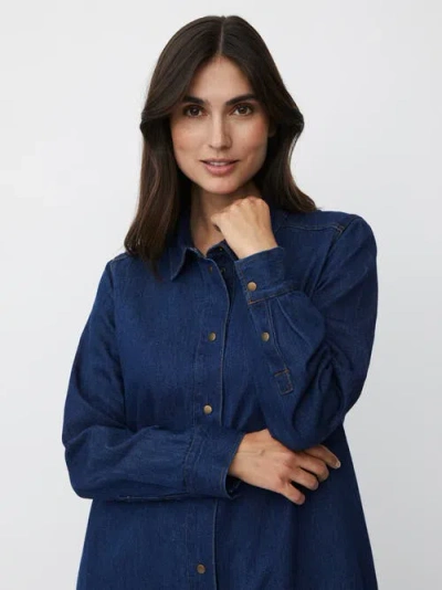 Masai Copenhagen Denim Long Sleeve Collared Long Shirt In Blue