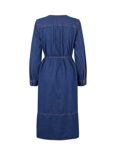 Masai Copenhagen Long Sleeve V-neck Denim Midi Dress In Blue