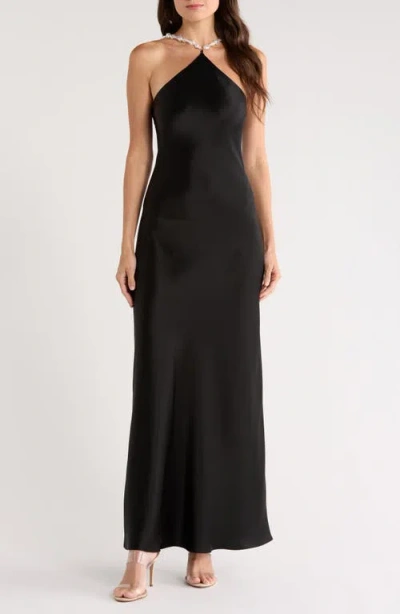 Staud Cadence Beaded Satin Maxi Slip Dress In Black