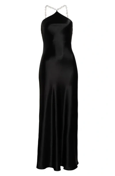 Staud Cadence Beaded Satin Maxi Slip Dress In Black